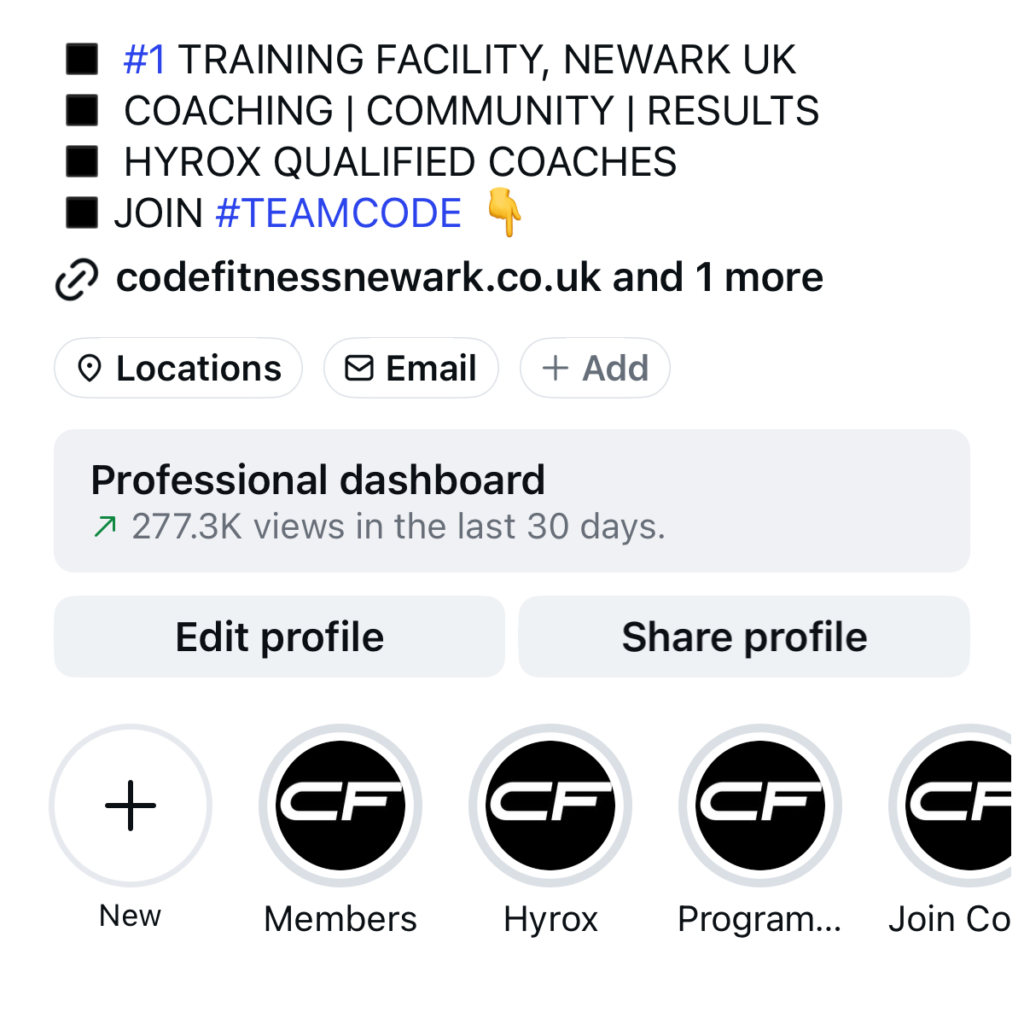 Screenshot of Code Fitness social media stats